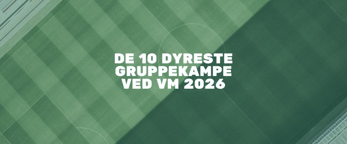 Banner med teksten "De 10 dyreste gruppespilskampe ved VM i fodbold 2026" på en fodboldbane.