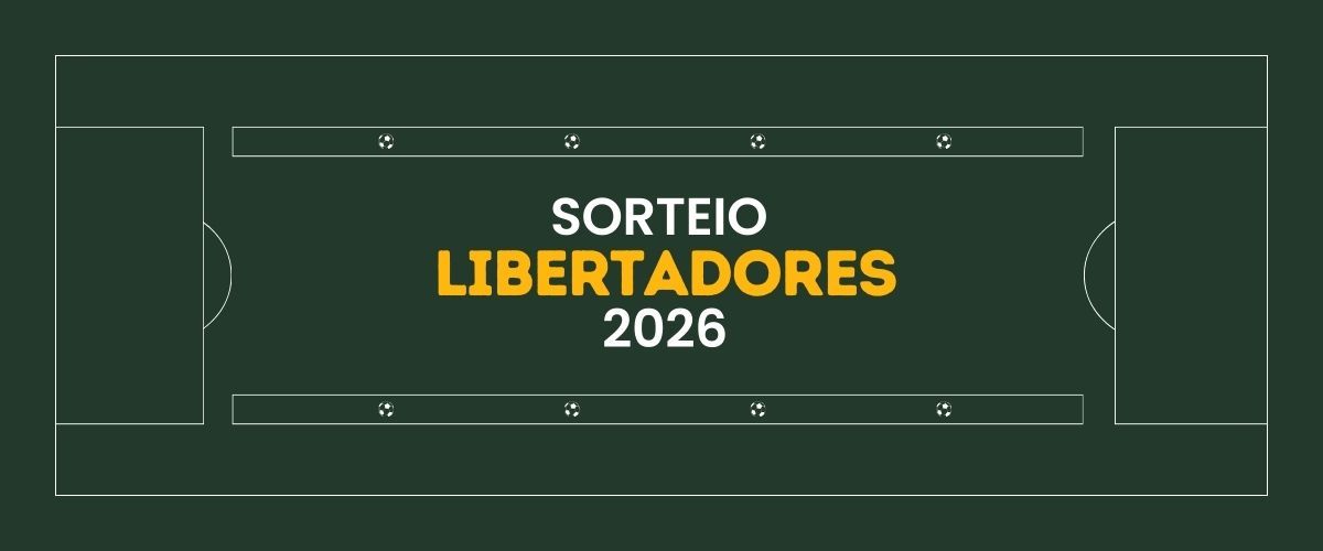 Texto “Sorteio Libertadores 2026” sobre ilustração de campo de futebol