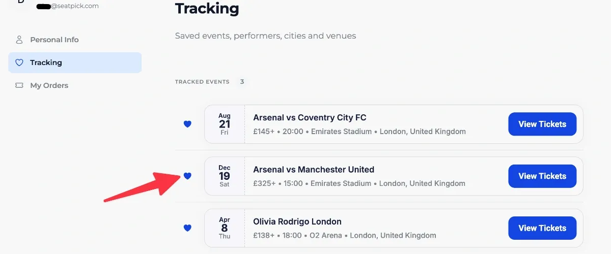 Saved events for tracking