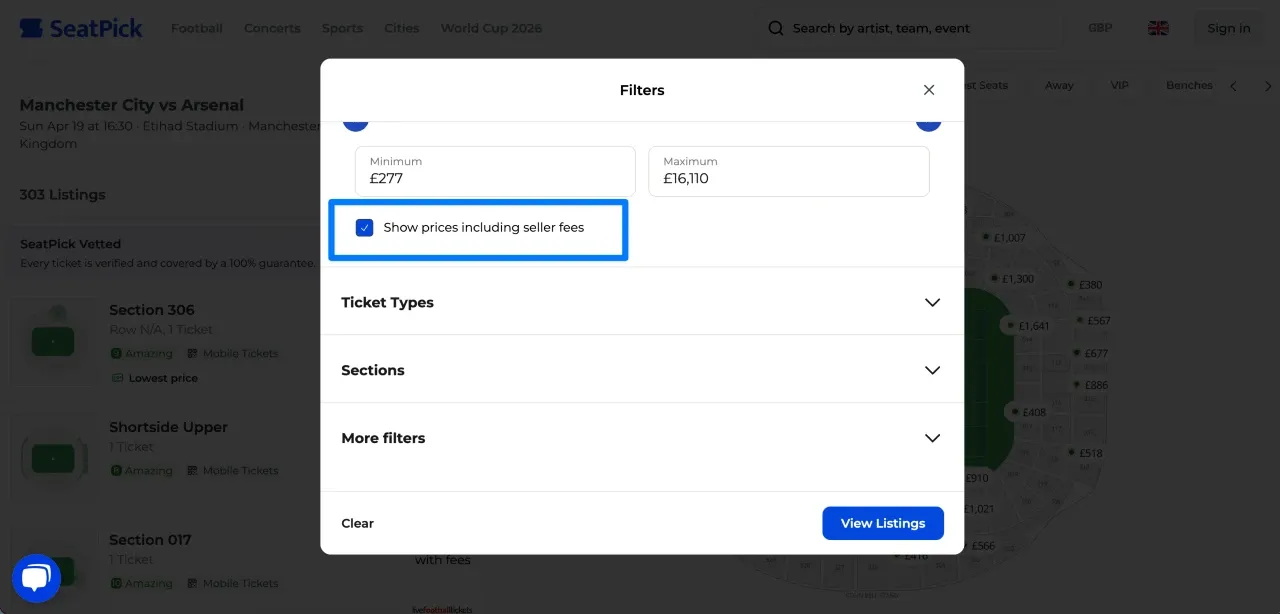 Show prices including seller fees on SeatPick