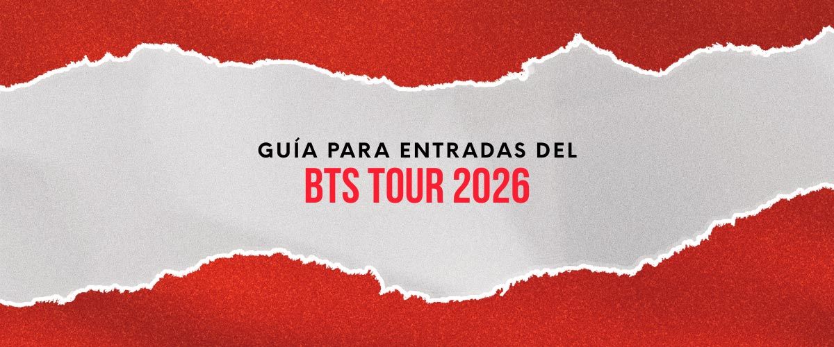Texto “Guía para entradas del BTS Tour 2026” sobre fondo gris con bordes rasgados en color rojo.